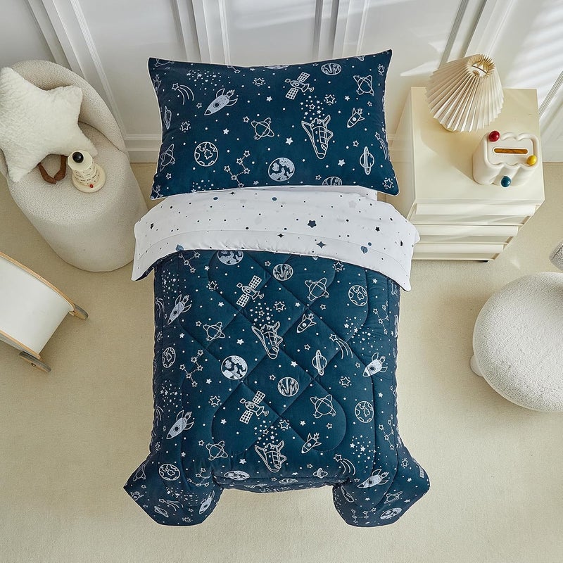 DuShow 4 Pieces Toddler Bedding Set for Boy,Space Toddler Bed Comforter Set,Soft and Breathable Microfiber Crib Sheet Set,Includes Quilted Comforter, Flat Top Sheet, Fitted Sheet, Envelope Pillow Case -Blue - Image 4